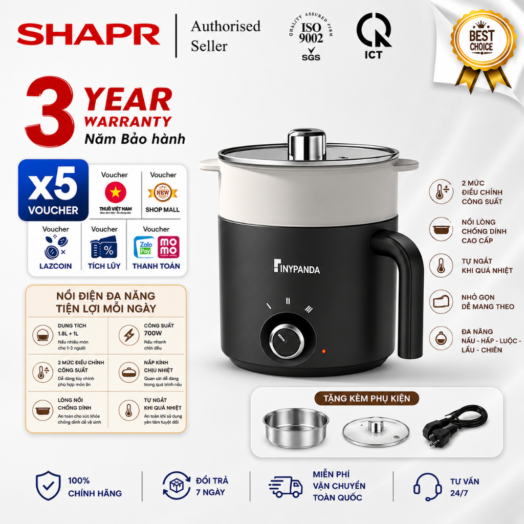 【Bảo hành 3 năm】- Nồi Lẩu Điện Đa Năng 1.8 Lít -Nồi Điện Nấu Mì Đa Năng Kèm Xửng Hấp -3 Mức Nhiệt