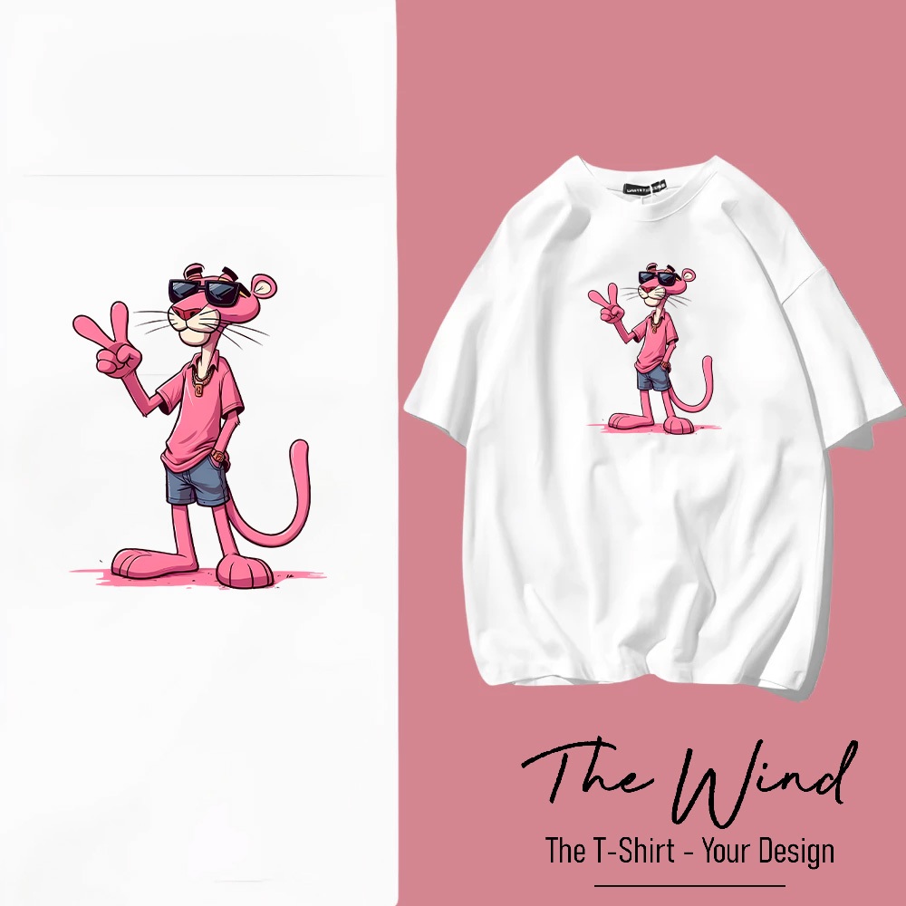 Áo Thun In Hình Báo Hồng Pink Panther Giơ Tay Chữ V Phong Cách Swag/Streetwear Chất Liệu Cotton Cao Cấp Form Rộng