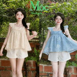 Set bộ đùi áo cổ vuông tay cánh tiên Tơ Thêu Hoa dáng xoè mix quần short Kaki xinh xắn_MKQC