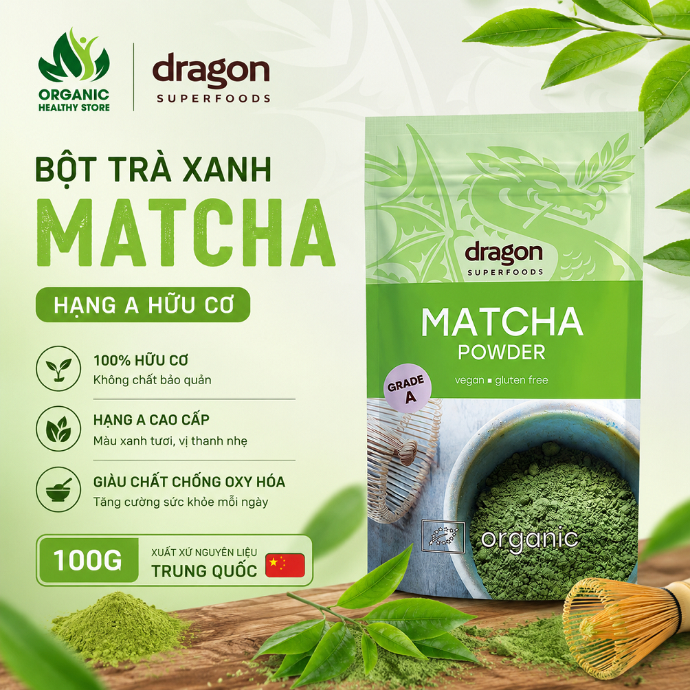 Bột trà xanh Matcha hạng A hữu cơ Dragon Superfoods 100g