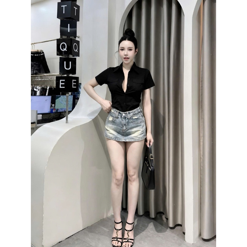 Chân Váy Jean Nữ Wash Xước Tua Rua Tôn Vòng 3 Phong Cách Y2K 8644 CHEZI HOUSE