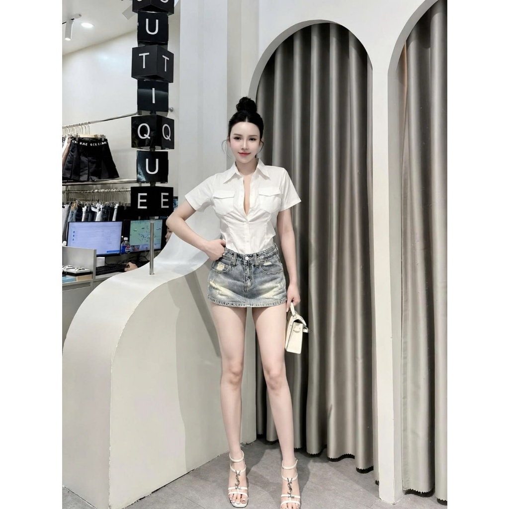 Chân Váy Jean Nữ Wash Xước Tua Rua Tôn Vòng 3 Phong Cách Y2K 8644 CHEZI HOUSE