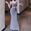 Sét áo 2 dây croptop + cv đuôi cá dáng dài ,chất thun tăm