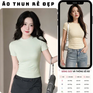 Áo thun nữ tay ngắn tôn dáng AT-01 chất liệu cotton, Áo phông cổ tròn basic ôm body