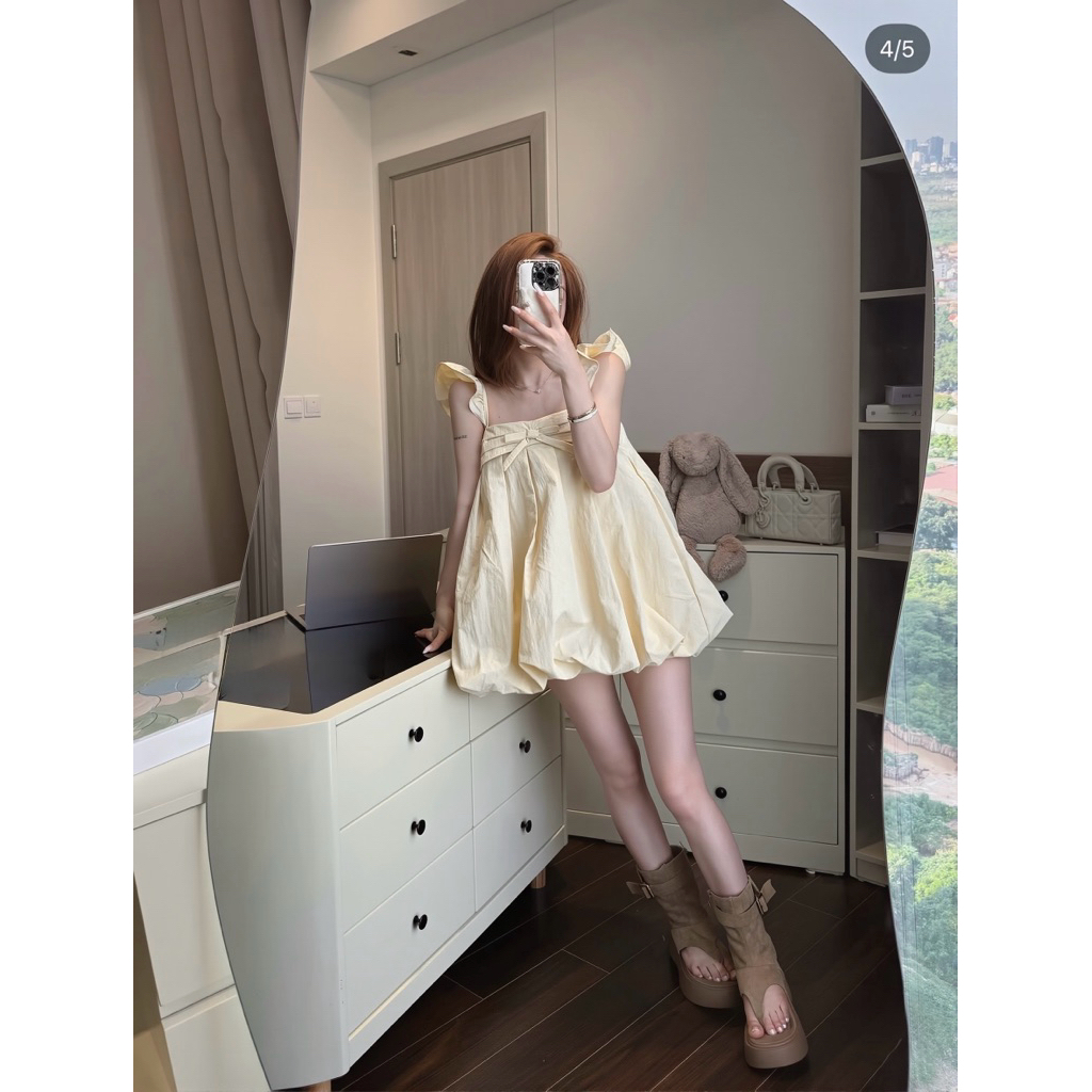 [DEAL MỞ BÁN] Váy Bí Phồng Xếp Ly Cánh Tiên Nơ Nguc Chất Gió Nhăn | BigBuy360 - bigbuy360.vn