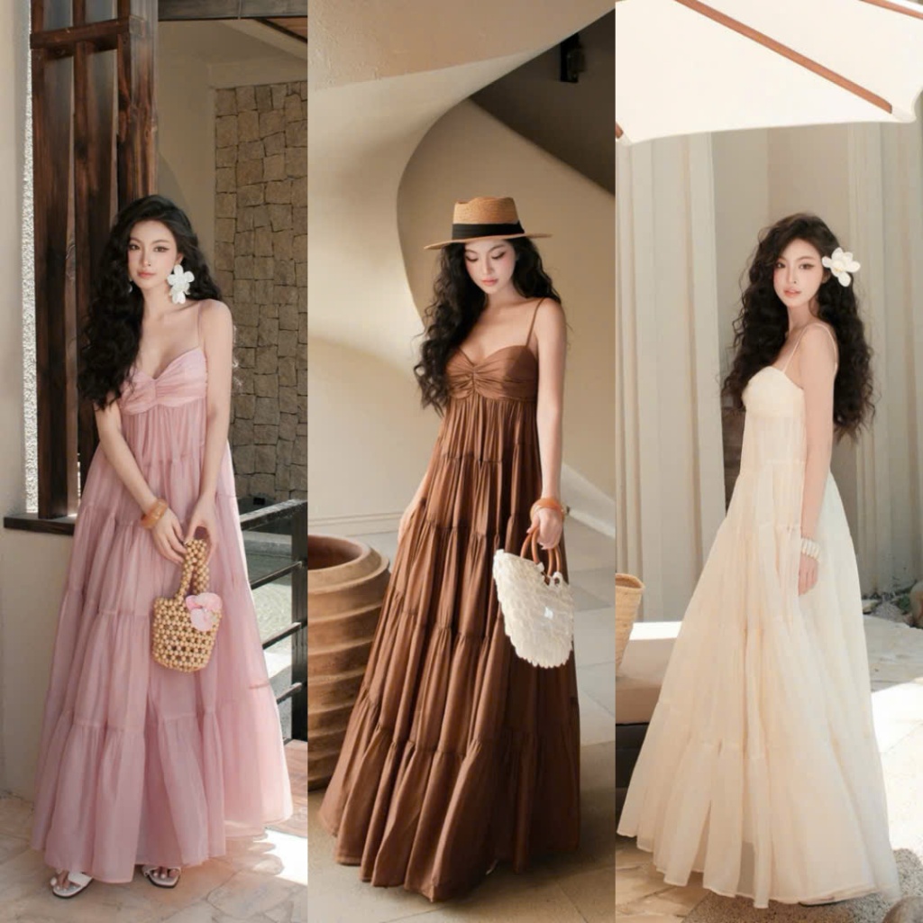 Đầm Maxi Dáng Suông Xếp Tầng 2 Dây Mặc Đi Chơi Đi Biển Dự Tiệc