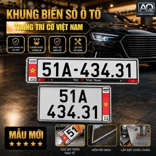 Khung Biển Số Ô Tô Inox Mica Cờ VN Trang Trí, Tặng Pat Cầu, Biển Dài 52x11 & Vuông 33x16.5