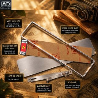 Khung Biển Số Ô Tô Inox Mica Cờ VN Trang Trí, Tặng Pat Cầu, Biển Dài 52x11 & Vuông 33x16.5