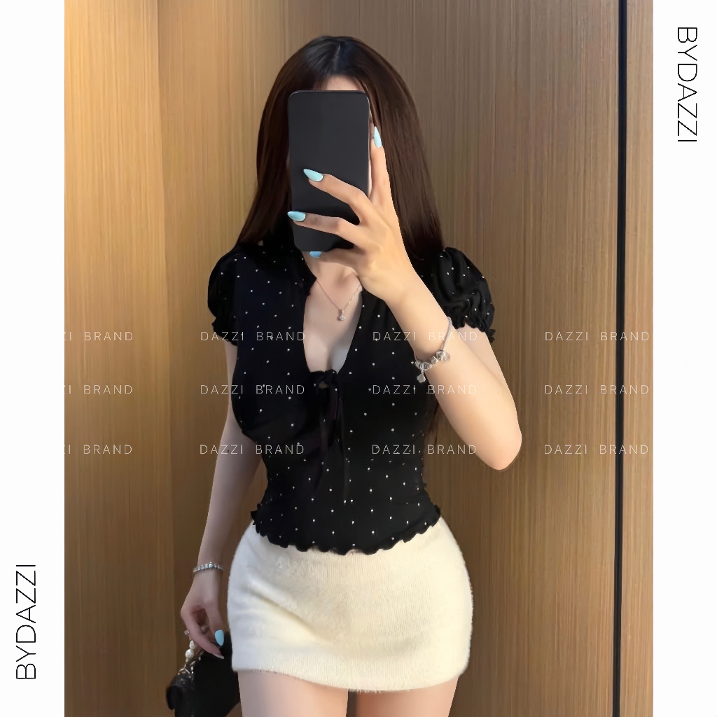 Áo cổ V cột nơ phối tay phồng ôm dáng chất cotton mịn A08 | BigBuy360 - bigbuy360.vn
