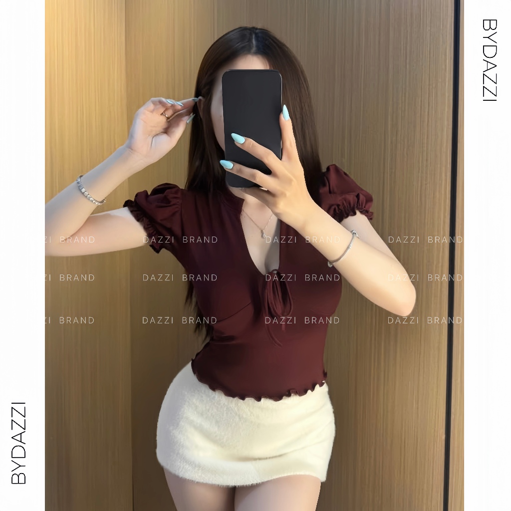 Áo cổ V cột nơ phối tay phồng ôm dáng chất cotton mịn A08 | BigBuy360 - bigbuy360.vn