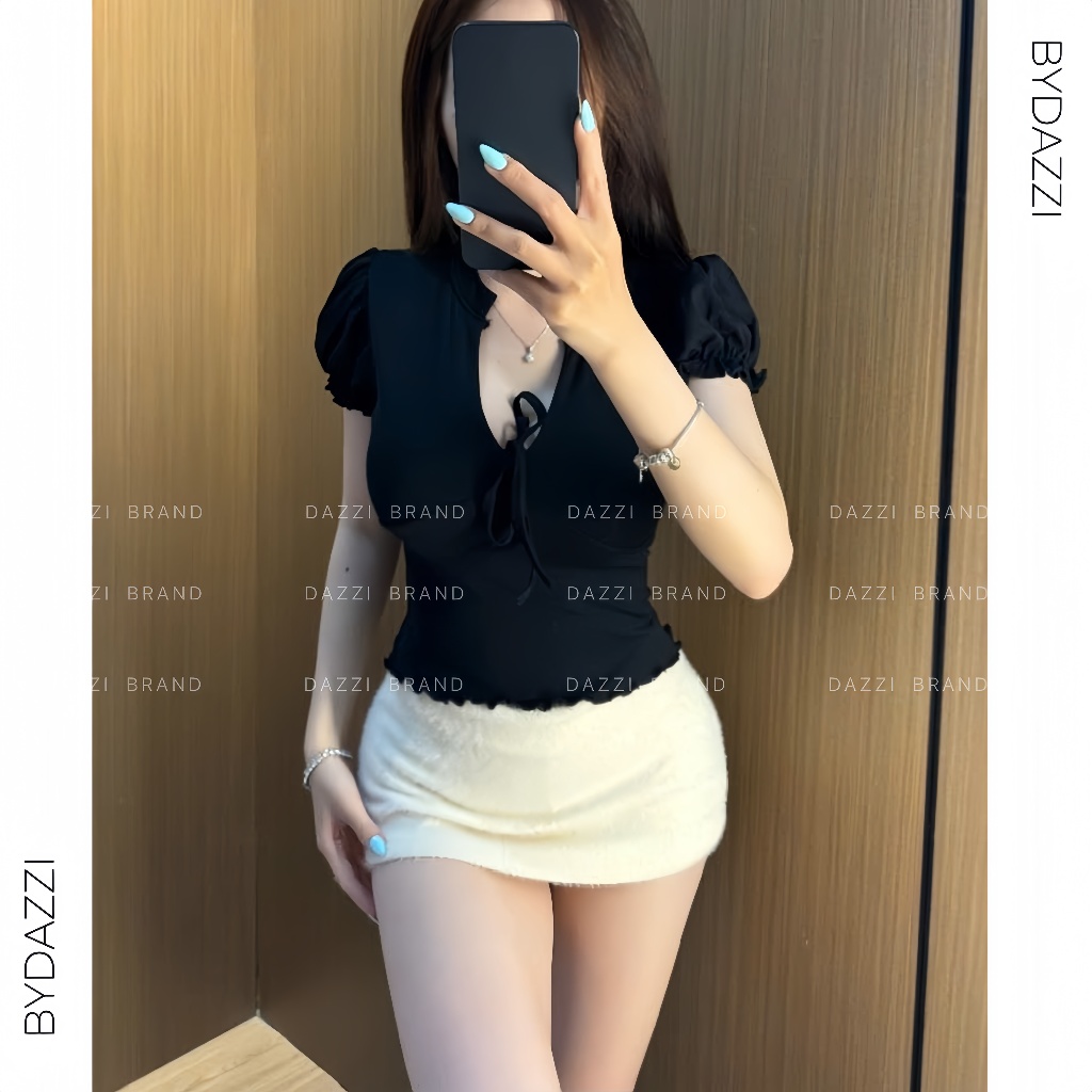 Áo cổ V cột nơ phối tay phồng ôm dáng chất cotton mịn A08 | BigBuy360 - bigbuy360.vn