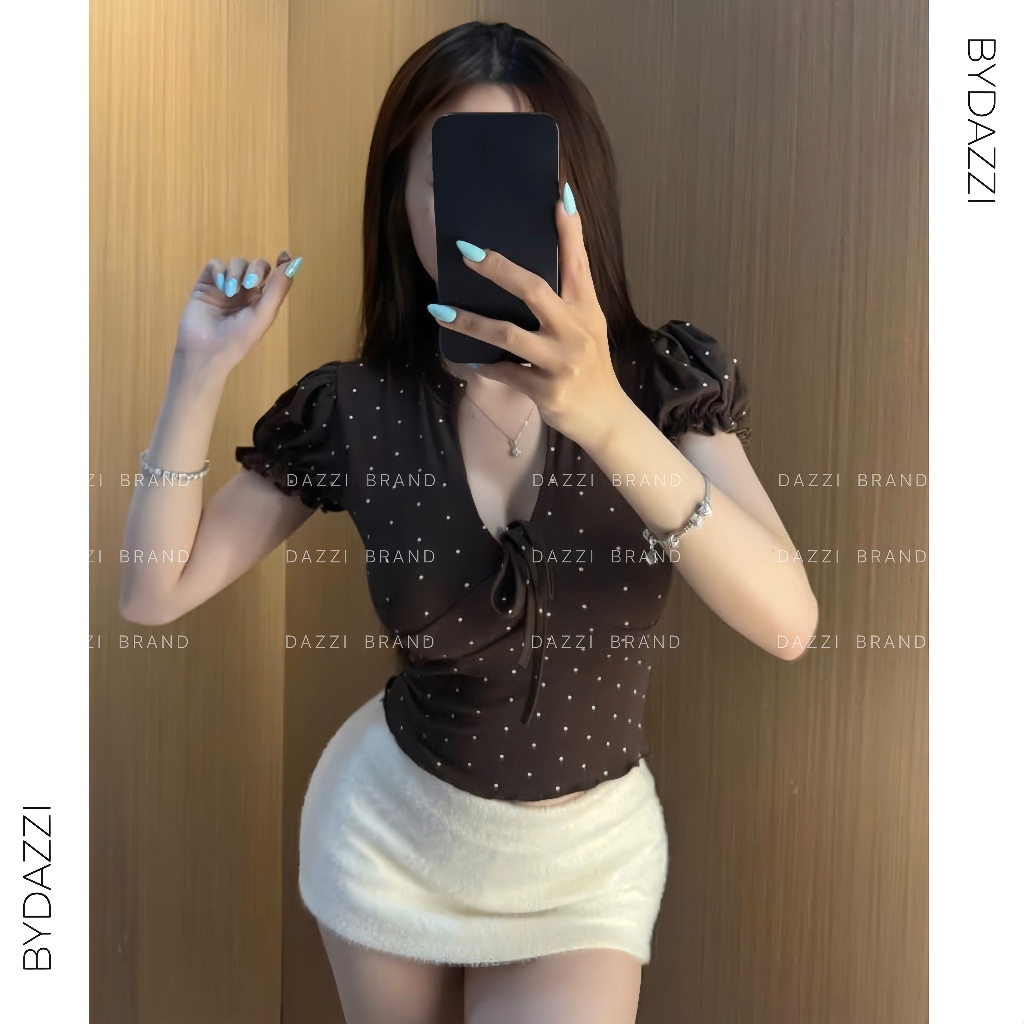Áo cổ V cột nơ phối tay phồng ôm dáng chất cotton mịn A08 | BigBuy360 - bigbuy360.vn