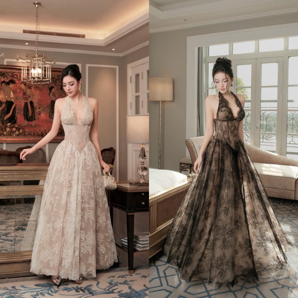 Đầm Dạ Hội Ren Cổ Yếm Xòe Bồng Quyến Rũ Sang Trọng