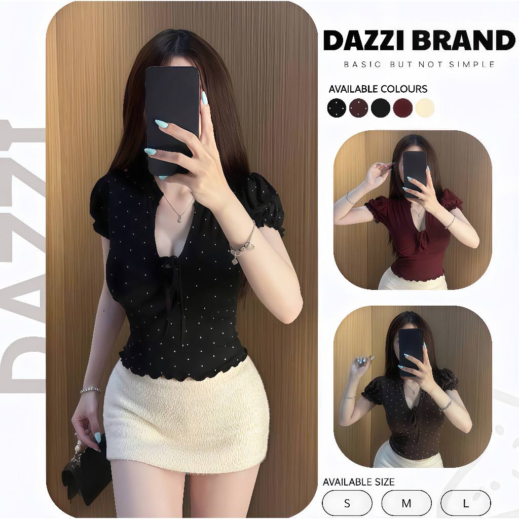 Áo cổ V cột nơ phối tay phồng ôm dáng chất cotton mịn A08 | BigBuy360 - bigbuy360.vn