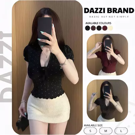 Áo cổ V cột nơ phối tay phồng ôm dáng chất cotton mịn