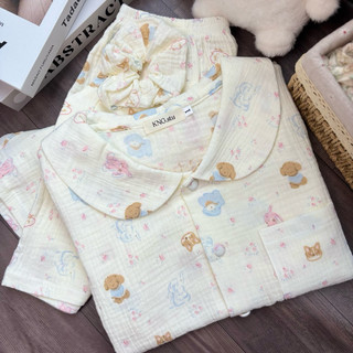 Đồ ngủ nữ tay ngắn quần đùi – Pyjama vải xô muslin cổ sen hoạ tiết | KNG.studio (Tặng kèm dây buộc tóc scrunchies)