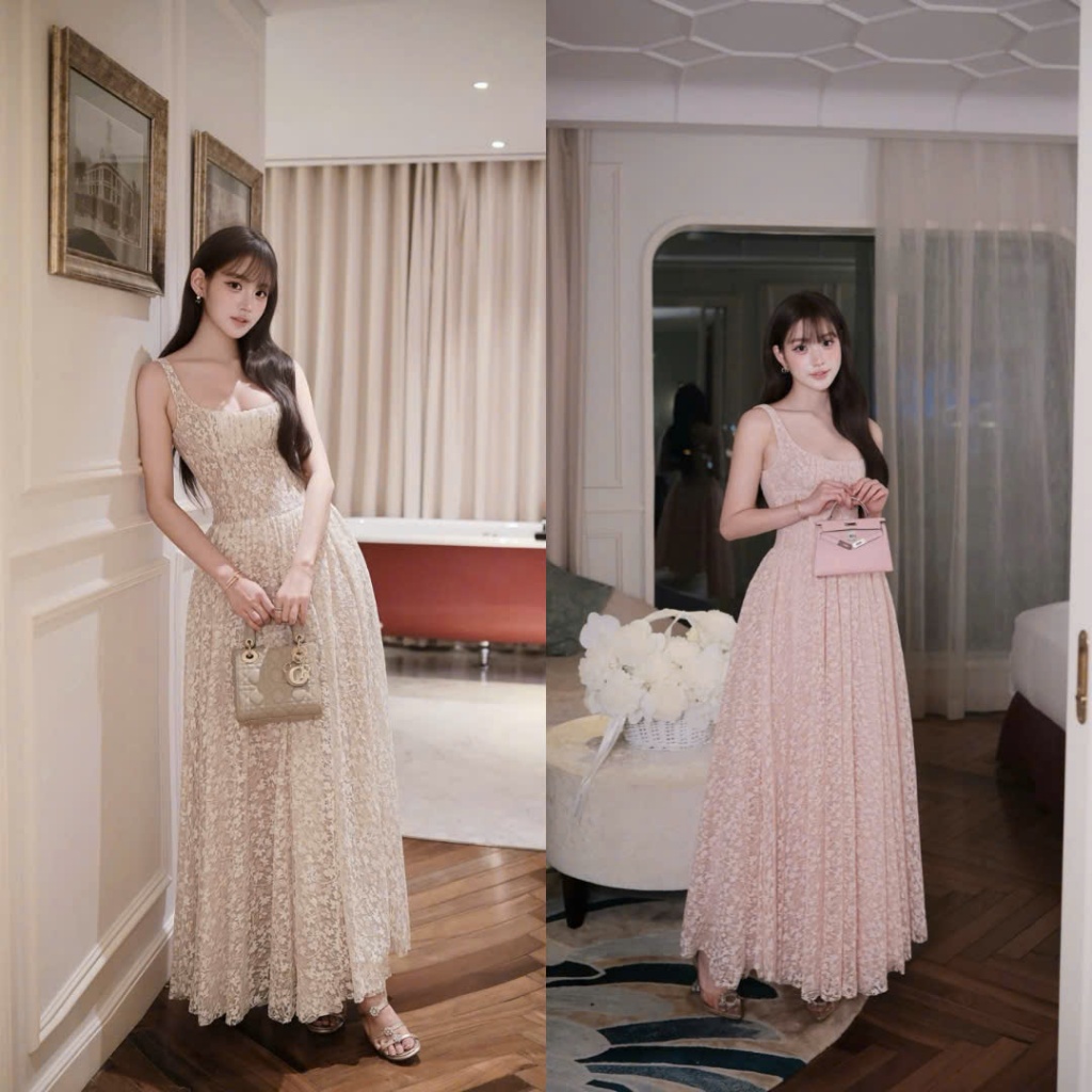 Đầm Maxi Ren Hoa Hai Dây Dáng Xòe Sang Chảnh