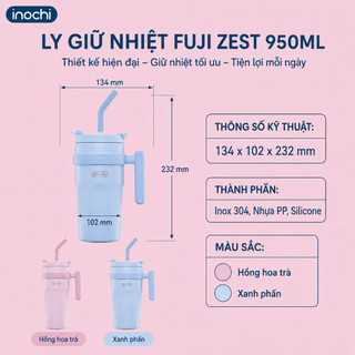 Bình Giữ Nhiệt Fuji Zest Inochi 950ml - Inox 304 Có Ống Hút Giữ Nóng Lạnh 6H+ Nắp Kín Chống Tràn