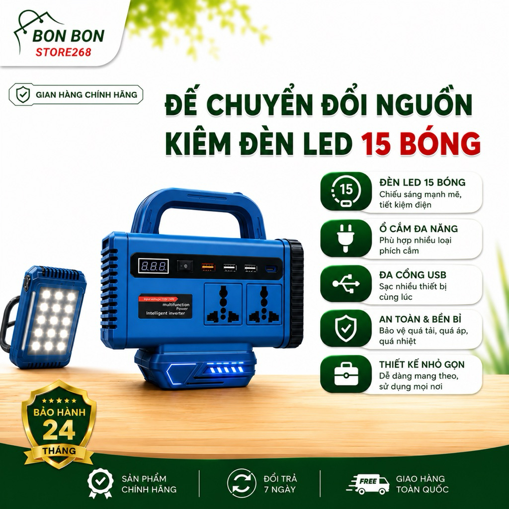 Đế Chuyển Nguồn Điện 21V Sang 220V – Chân Pin Phổ Thông M21 – Có Đèn LED – Sạc USB Type-C Công Suất 150W
