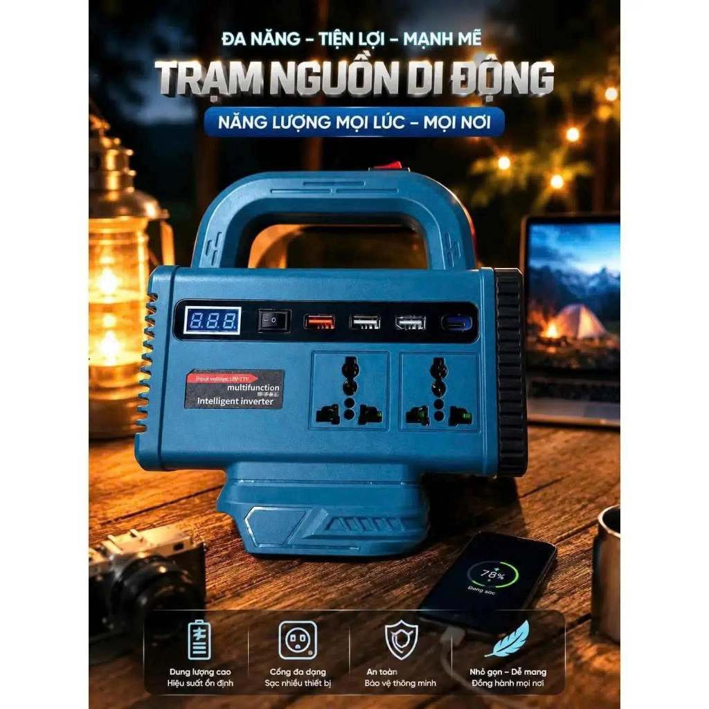Đế Chuyển Nguồn Điện 21V Sang 220V – Chân Pin Phổ Thông M21 – Có Đèn LED – Sạc USB Type-C Công Suất 150W