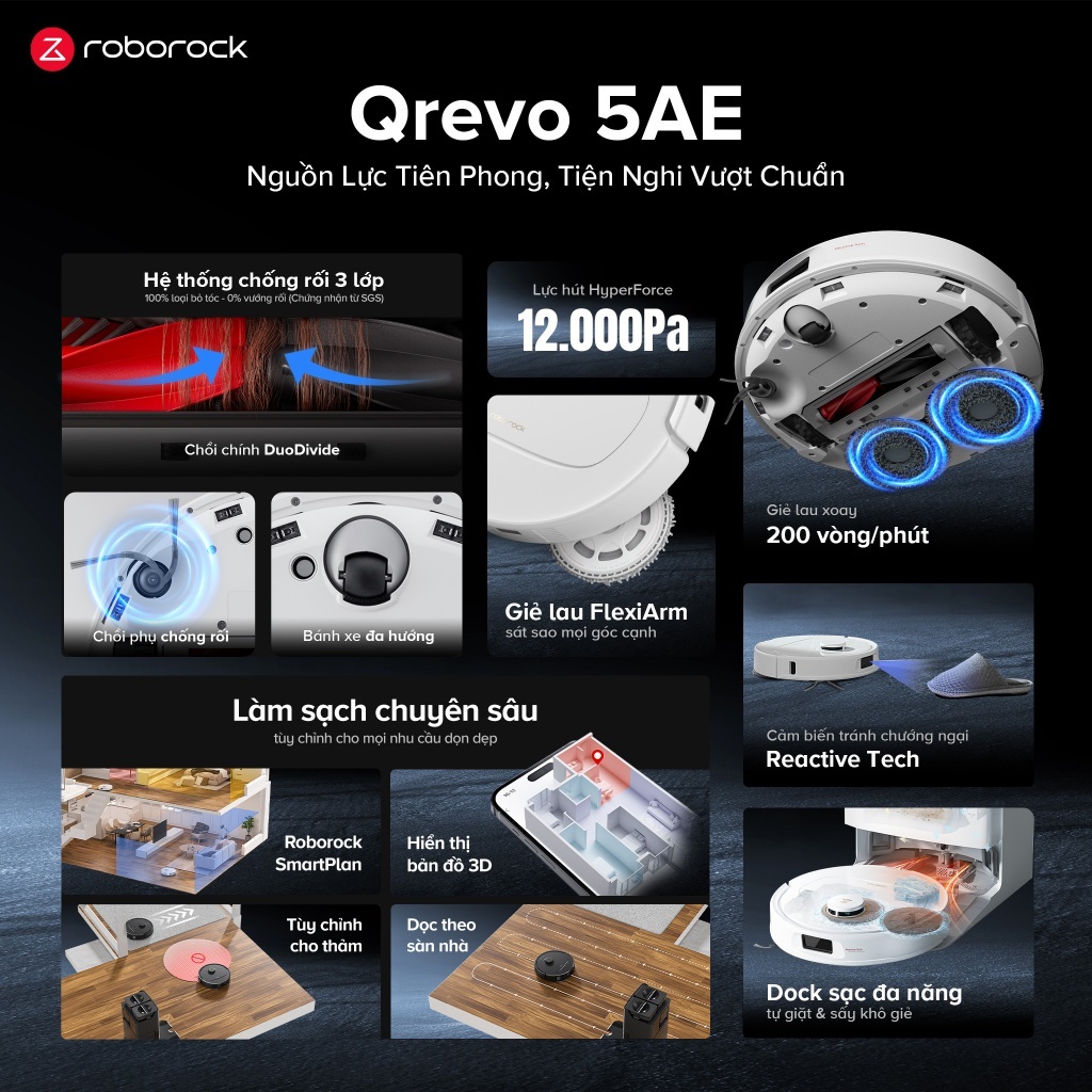 Roborock Qrevo 5AE robot hút bụi lau nhà | Lực hút 12.000 Pa | Tự động giặt sấy khô | Bảo hành 2 năm