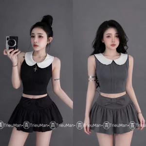 Set áo mix chân váy 2 màu ghi / đen s.m
