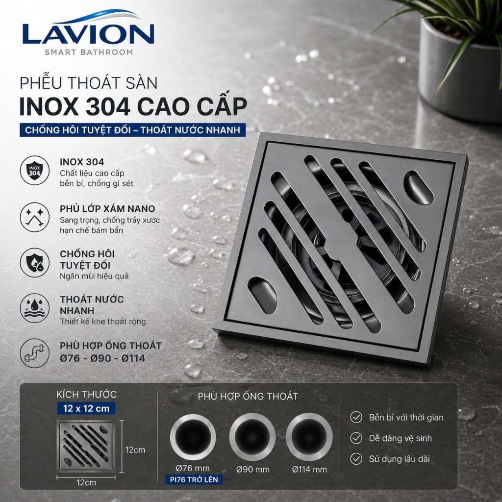 Phễu Thoát Sàn 12x12, Inox 304 Bóng, Nano Xám Chống Hôi, Chống Côn Trùng, Thoát Nước Nhanh