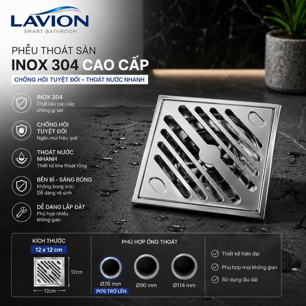 Phễu Thoát Sàn 12x12, Inox 304 Bóng, Nano Xám Chống Hôi, Chống Côn Trùng, Thoát Nước Nhanh