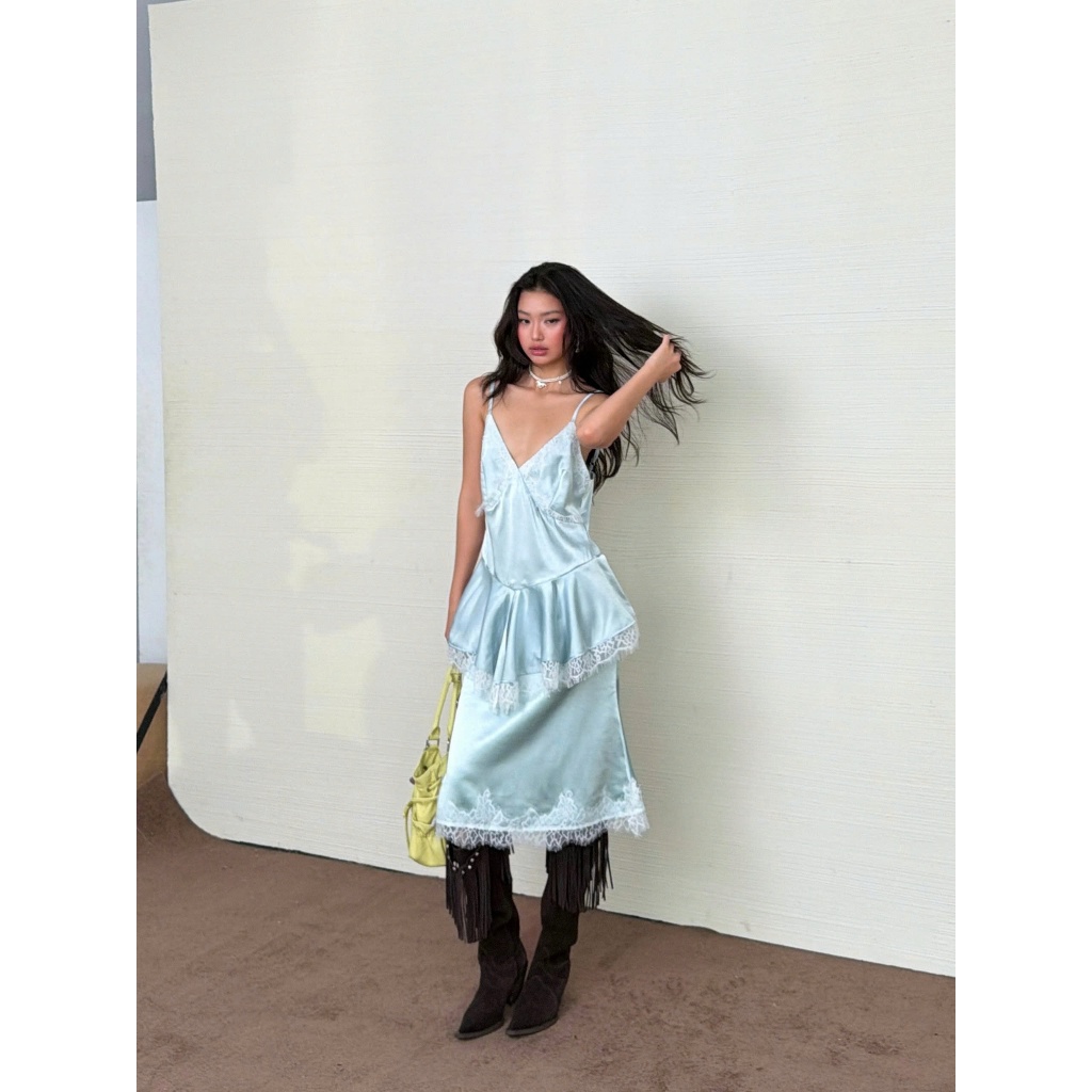 Crystal Midi Skirt - Remmus | Chân váy lụa satin ngọc trai viền lai phối ren - BST ACID CANDY