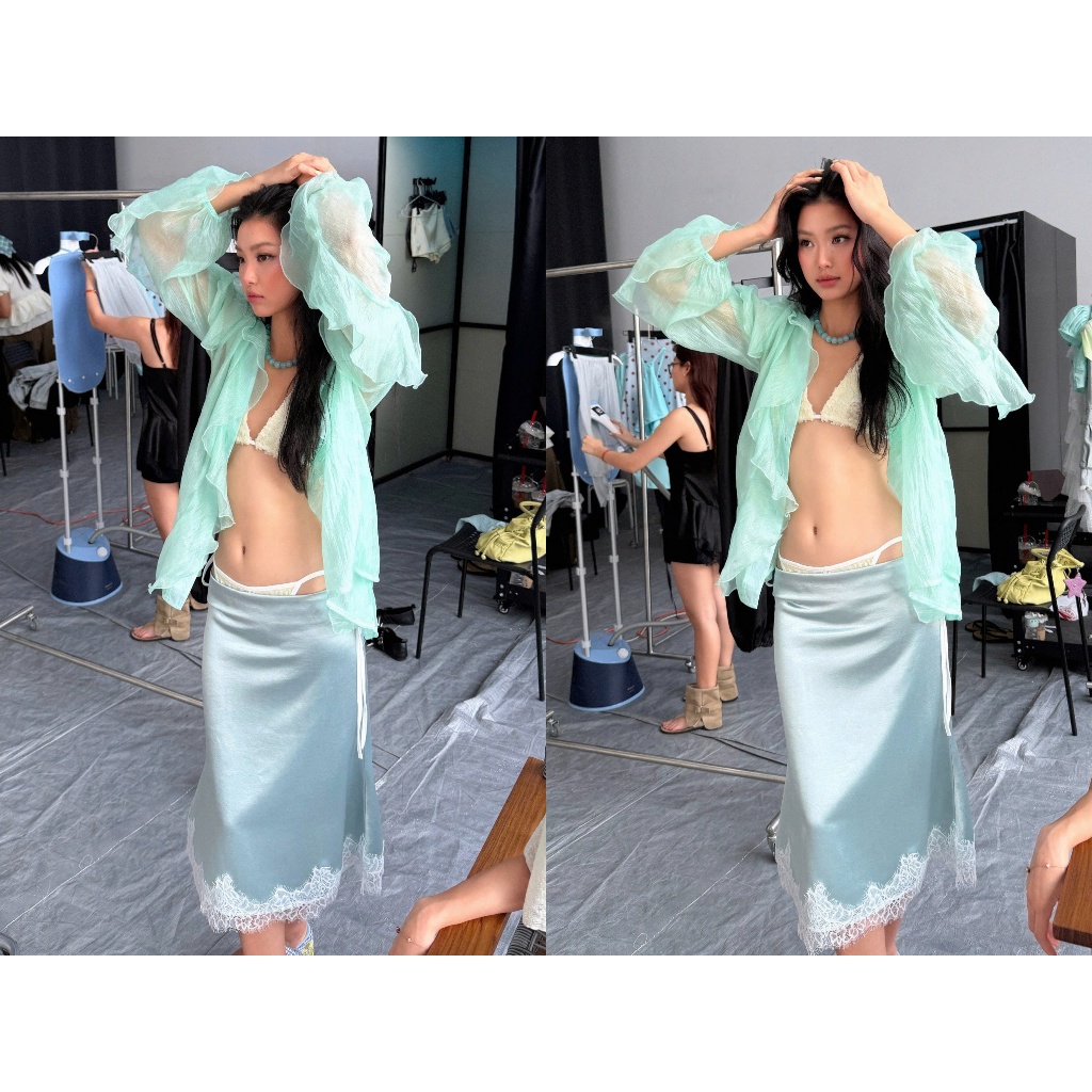 Crystal Midi Skirt - Remmus | Chân váy lụa satin ngọc trai viền lai phối ren - BST ACID CANDY