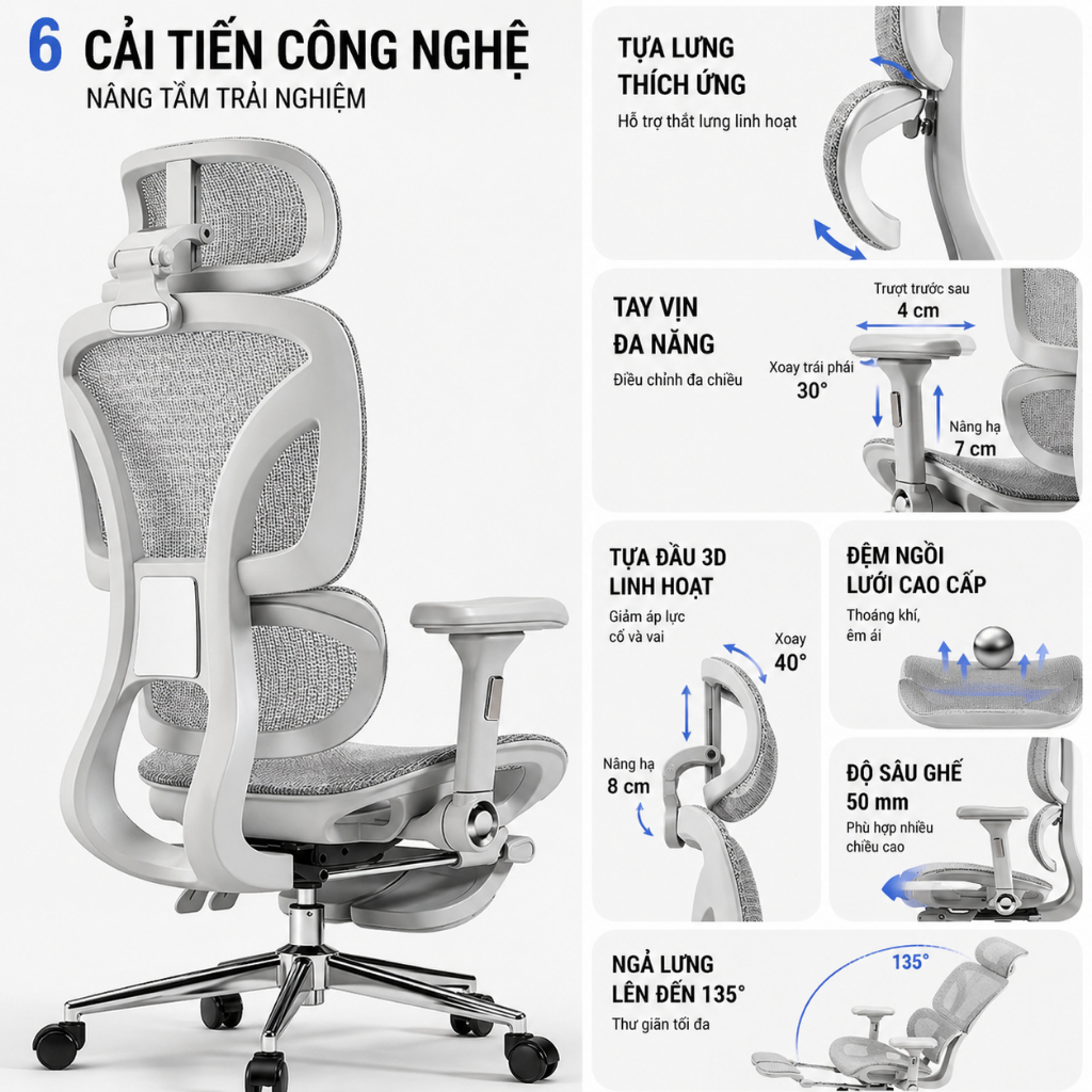Ghế Công Thái Học Saigu SG-026 Bản Cao Cấp - Ghế Văn Phòng Ergonomic Tựa Lưng Thông Minh, Có Gác Chân, Bảo Hành 3 Năm | BigBuy360 - bigbuy360.vn