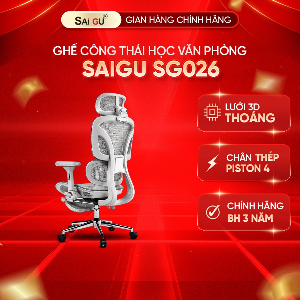 Ghế Công Thái Học Saigu SG-026 Bản Cao Cấp - Ghế Văn Phòng Ergonomic Tựa Lưng Thông Minh, Có Gác Chân, Bảo Hành 3 Năm | BigBuy360 - bigbuy360.vn