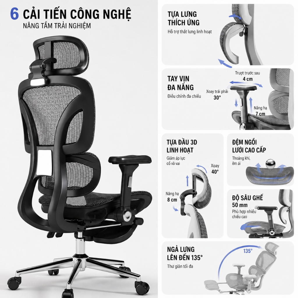 Ghế Công Thái Học Saigu SG-026 Bản Cao Cấp - Ghế Văn Phòng Ergonomic Tựa Lưng Thông Minh, Có Gác Chân, Bảo Hành 3 Năm | BigBuy360 - bigbuy360.vn