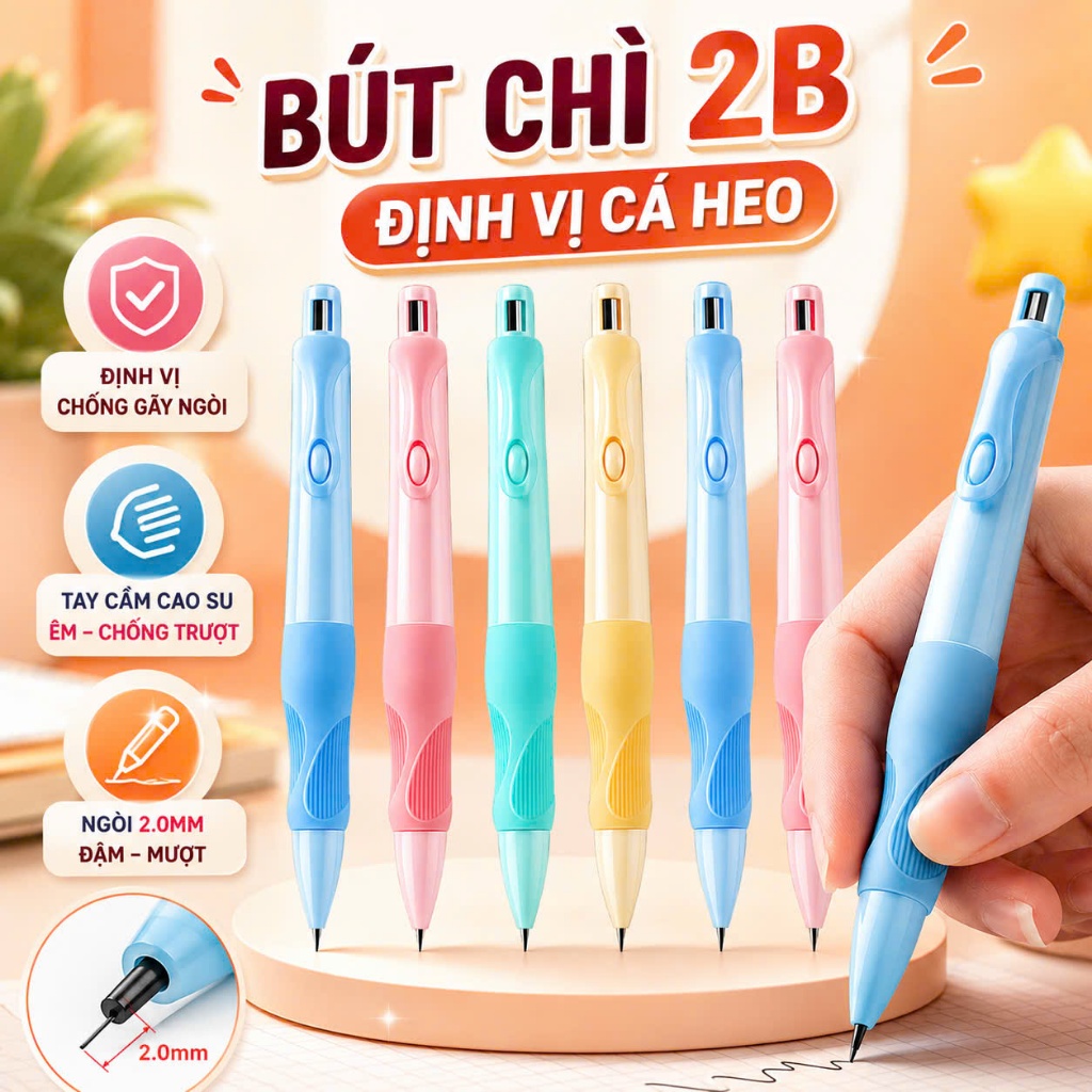 Bút chì định vị cá heo 2B 2.0mm – bút chì bấm cho học sinh tiểu học tập viết, chỉnh tư thế cầm 3 ngón, không đau mỏi tay