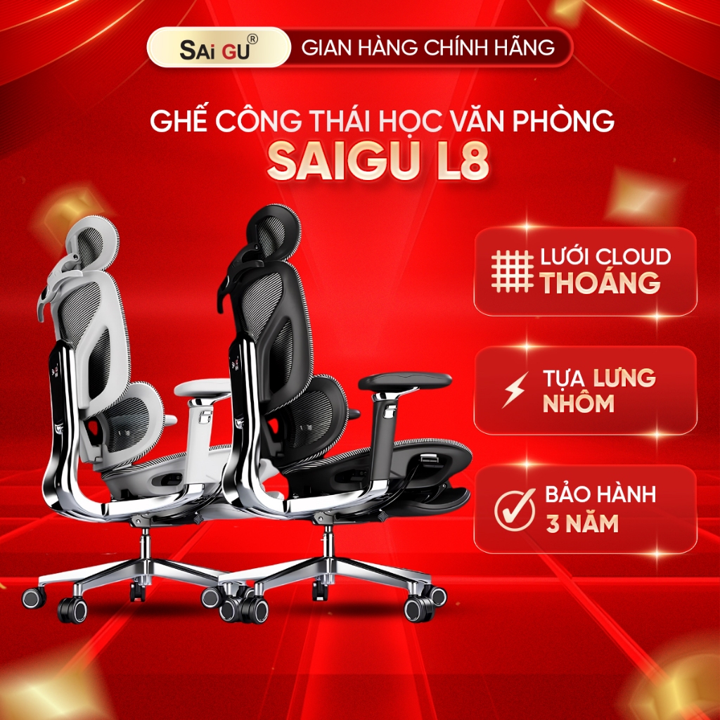 Ghế Công Thái Học Saigu Ares L8 Full Nhôm Chính Hãng - Ngả 160°, Tay Kim Loại 720°, Lưới Cloud, Full VAT, BH 3 Năm | BigBuy360 - bigbuy360.vn
