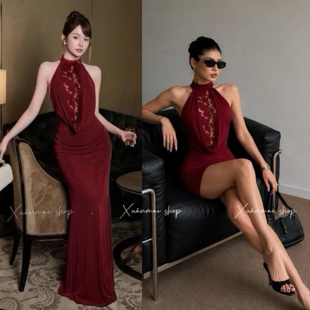 Xuanmaishop Đầm YẾM PHỐI REN NGẮN DÀI sẵn Mút chất ladong mịn