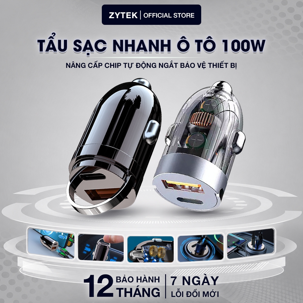 Tẩu sạc nhanh ô tô 60W & 100W chính hãng ZYTEK cổng USB, Type C, tự động ngắt an toàn, BH 12 tháng