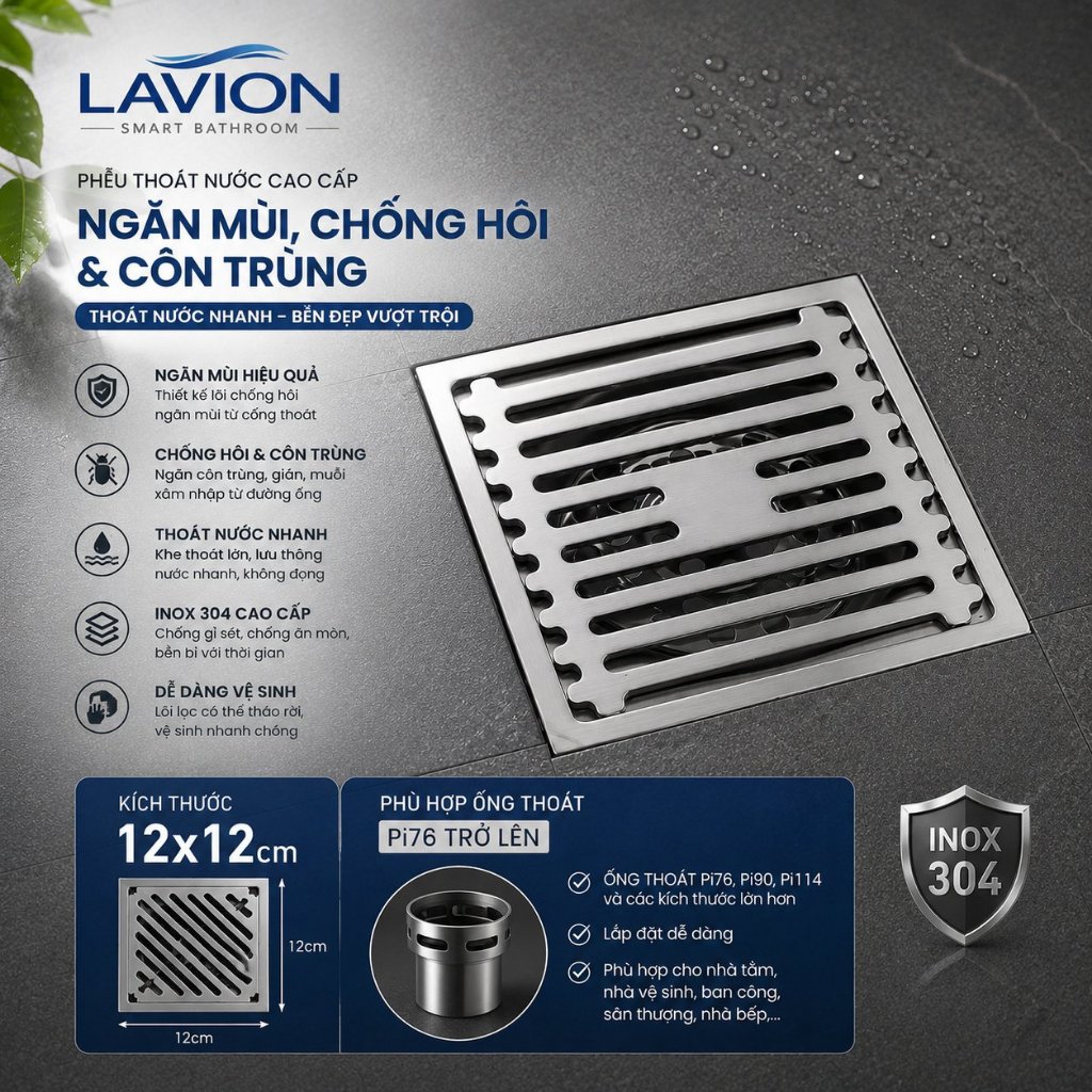 PHỄU THOÁT SÀN INOX 304 12x12 – CHỐNG HÔI, CHỐNG CÔN TRÙNG