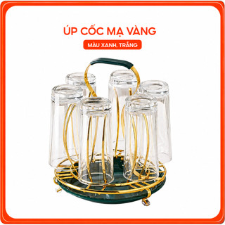 Giá Úp Cốc Inox Mạ Vàng 6 Cốc Có Khay Hứng Nước Tay Cầm Chống Gỉ Sang Trọng