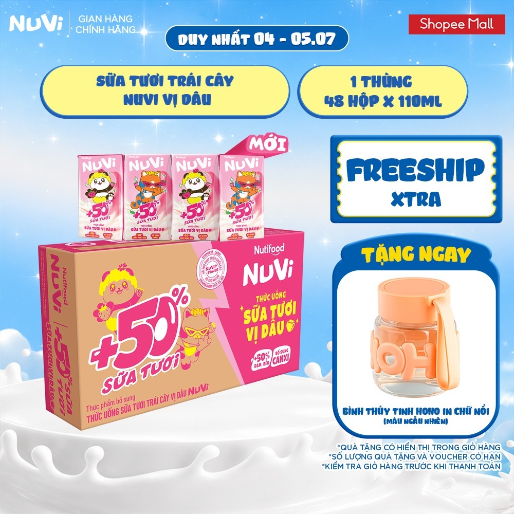 Thùng 48 Hộp Thức Uống Sữa Tươi Trái Cây NuVi Vị Dâu 110ml