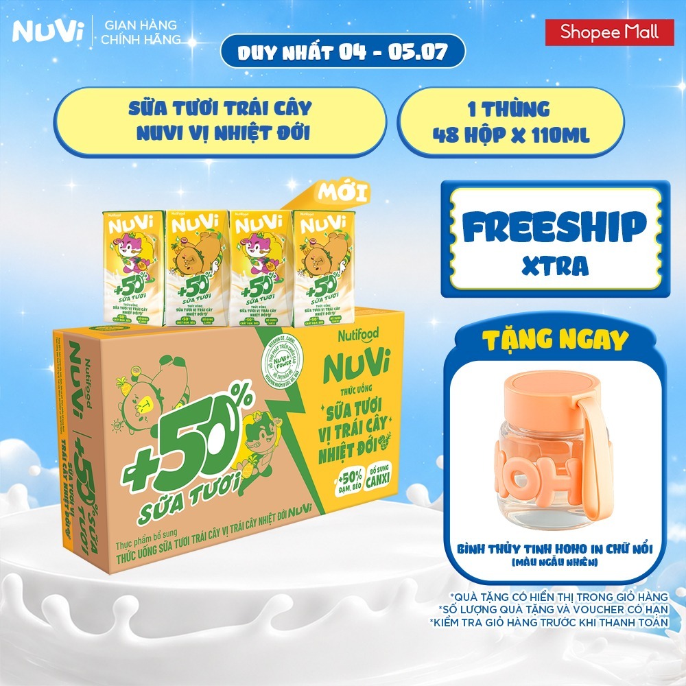 Thùng 48 Hộp Thức Uống Sữa Tươi Trái Cây NuVi Vị Trái Cây Nhiệt Đới 110ml