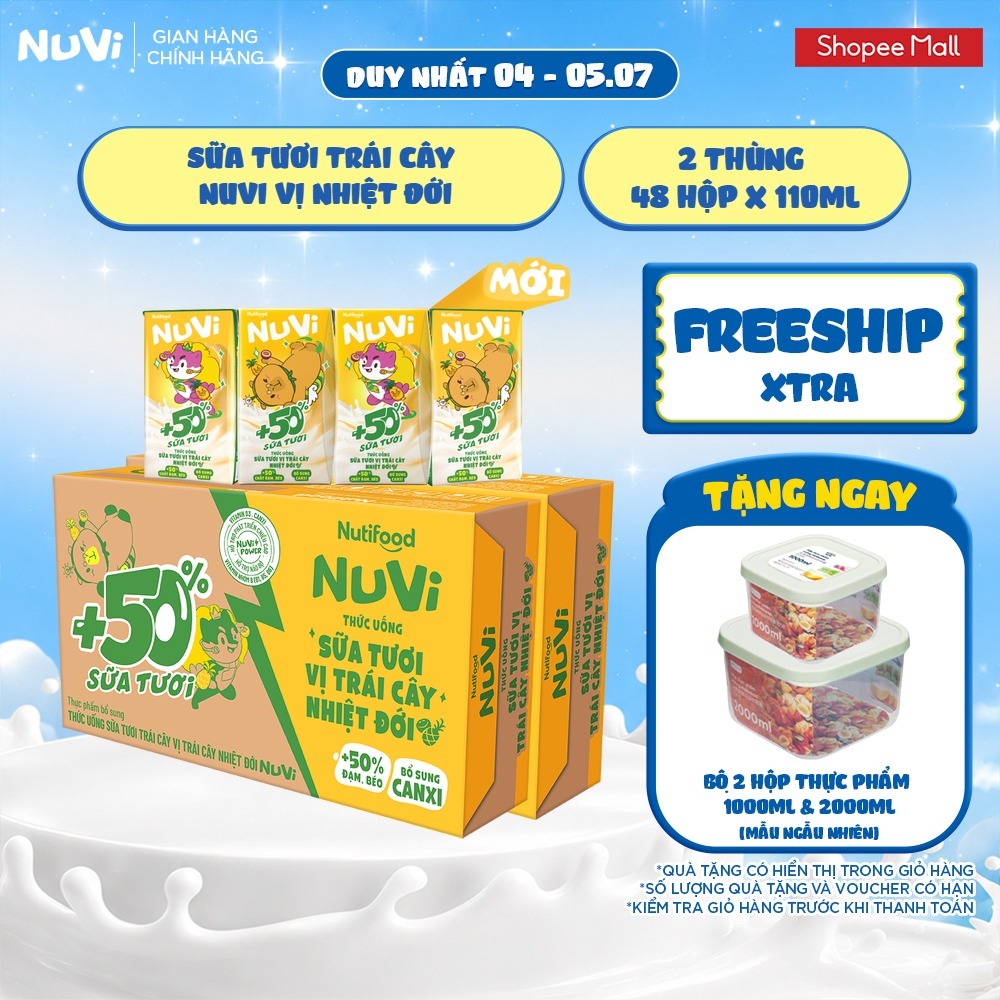 Combo 2 Thùng 48 Hộp Thức Uống Sữa Tươi Trái Cây NuVi Vị Trái Cây Nhiệt Đới 110ml
