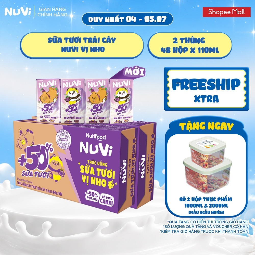 Combo 2 Thùng 48 Hộp Thức Uống Sữa Tươi Trái Cây NuVi Vị Nho 110ml
