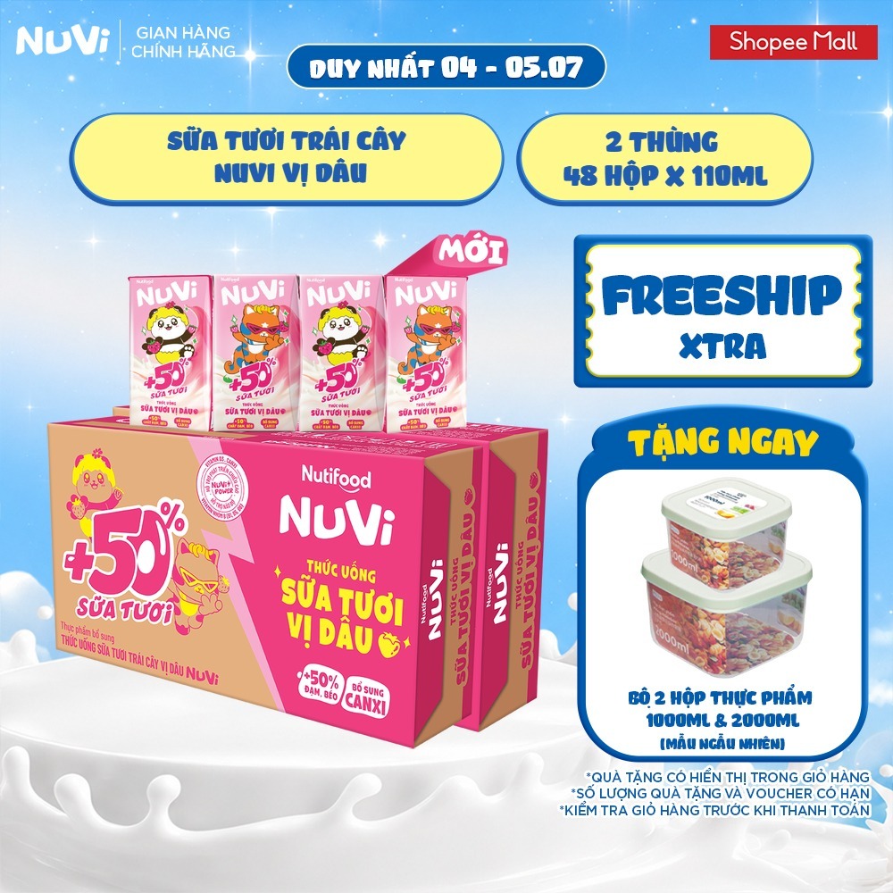 Combo 2 Thùng 48 Hộp Thức Uống Sữa Tươi Trái Cây NuVi Vị Dâu 110ml