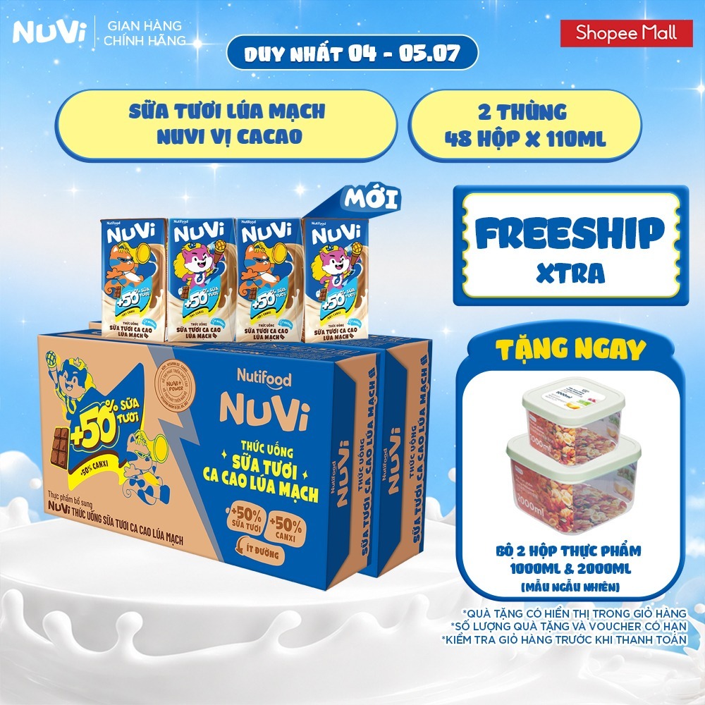 Combo 2 Thùng 48 Hộp Thức Uống Sữa Tươi Lúa Mạch NuVi Vị Cacao 110ml
