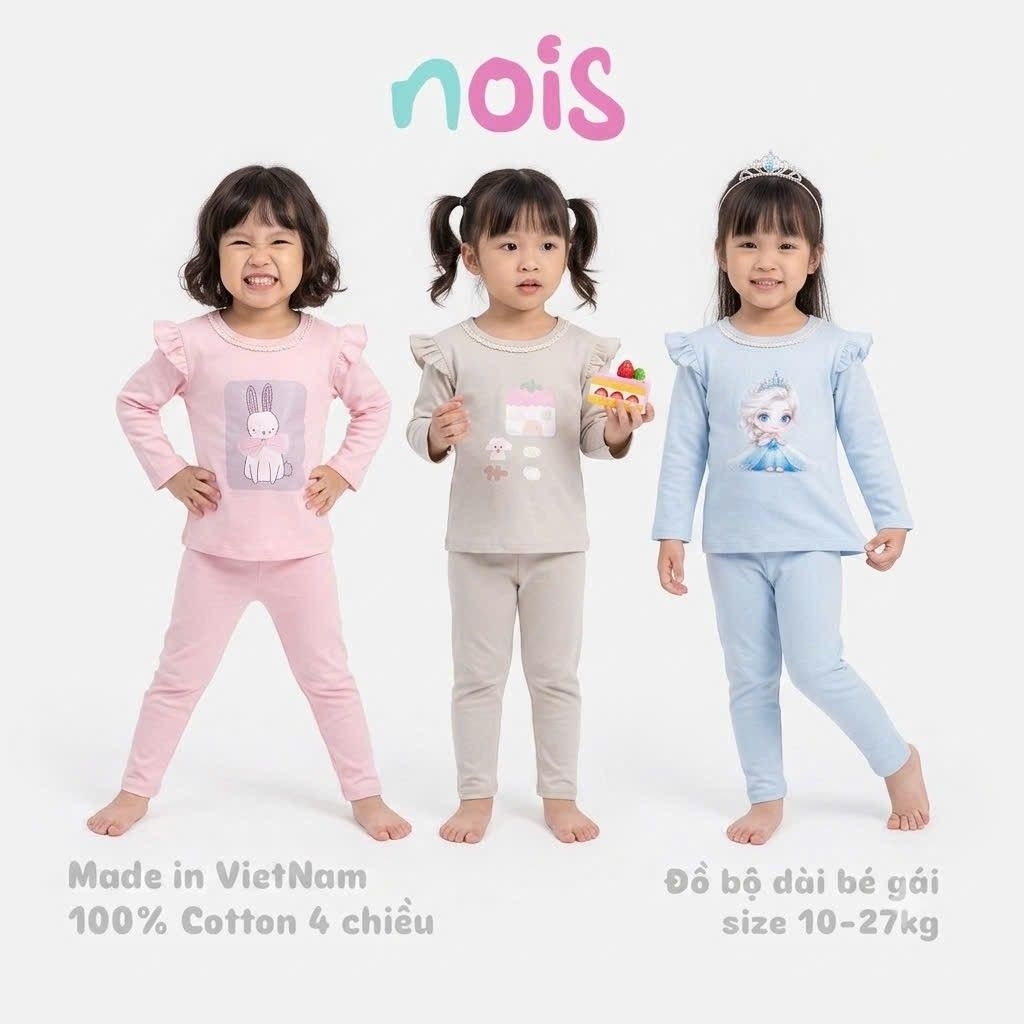BỘ DÀI TAY BÉ GÁI THƯƠNG HIỆU NOIS chất vải cotton 100% chiều co giãn 4 chiều cho bé mặc khi ngủ, khi trời se lạnh