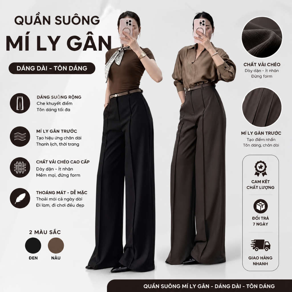 (LIVE) QUẦN SUÔNG MÍ LY GÂN - CHẤT CHÉO Ý MỀM MỊN - DÀI 103CM - ỐNG RỘNG 32 ~34CM .YẾN NGUYỄN CLOSET