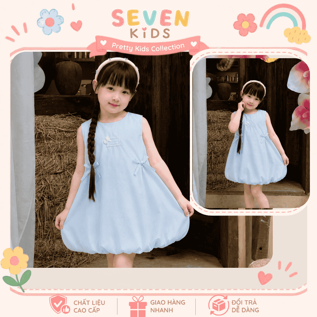 Váy bé gái dáng bí sát nách màu xanh pastel đính nơ, đầm trẻ em vải cotton mềm mại, váy mùa hè cho bé S21