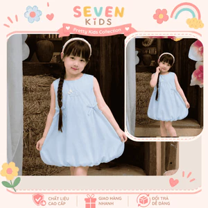 Váy bé gái dáng bí sát nách màu xanh pastel đính nơ, đầm trẻ em vải cotton mềm mại, váy mùa hè cho bé S21