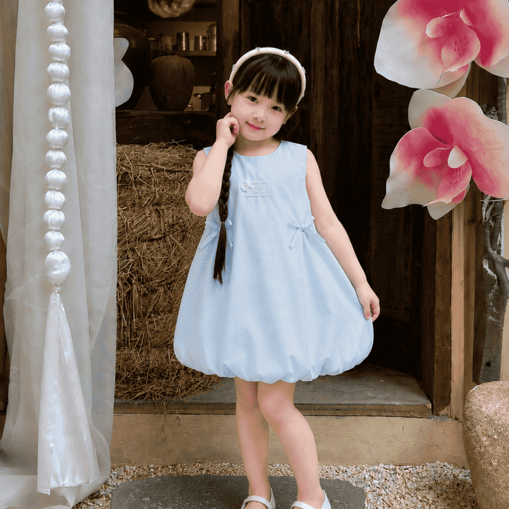 Váy bé gái dáng bí sát nách màu xanh pastel đính nơ, đầm trẻ em vải cotton mềm mại, váy mùa hè cho bé S21